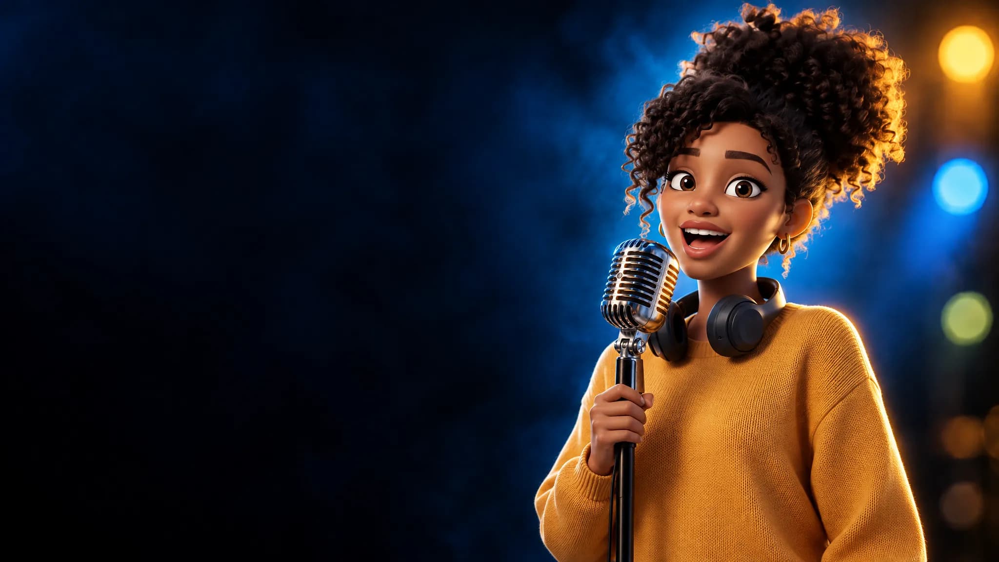 Remi singing into a vintage microphone on a dark stage